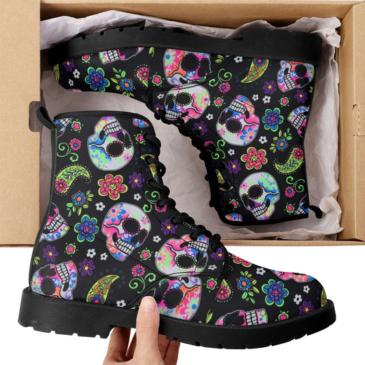 Dia de los muertos skull boots shoes, Mexican skull day of the dead leather boots Sugar Calaveras skull boots men women, Candy skull boots