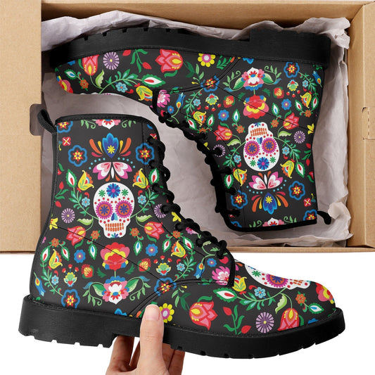 Dia de los muertos skull boots shoes, Mexican skull day of the dead leather boots Sugar Calaveras skull boots men women, Candy skull boots