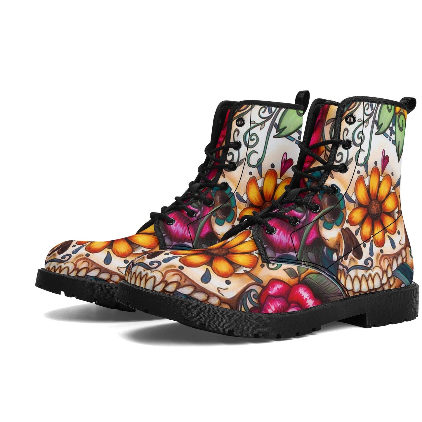 Day of the dead floral leather boots, sugar skull boots for men women, candy skull boots for women men, skull men's boots calaveras boots