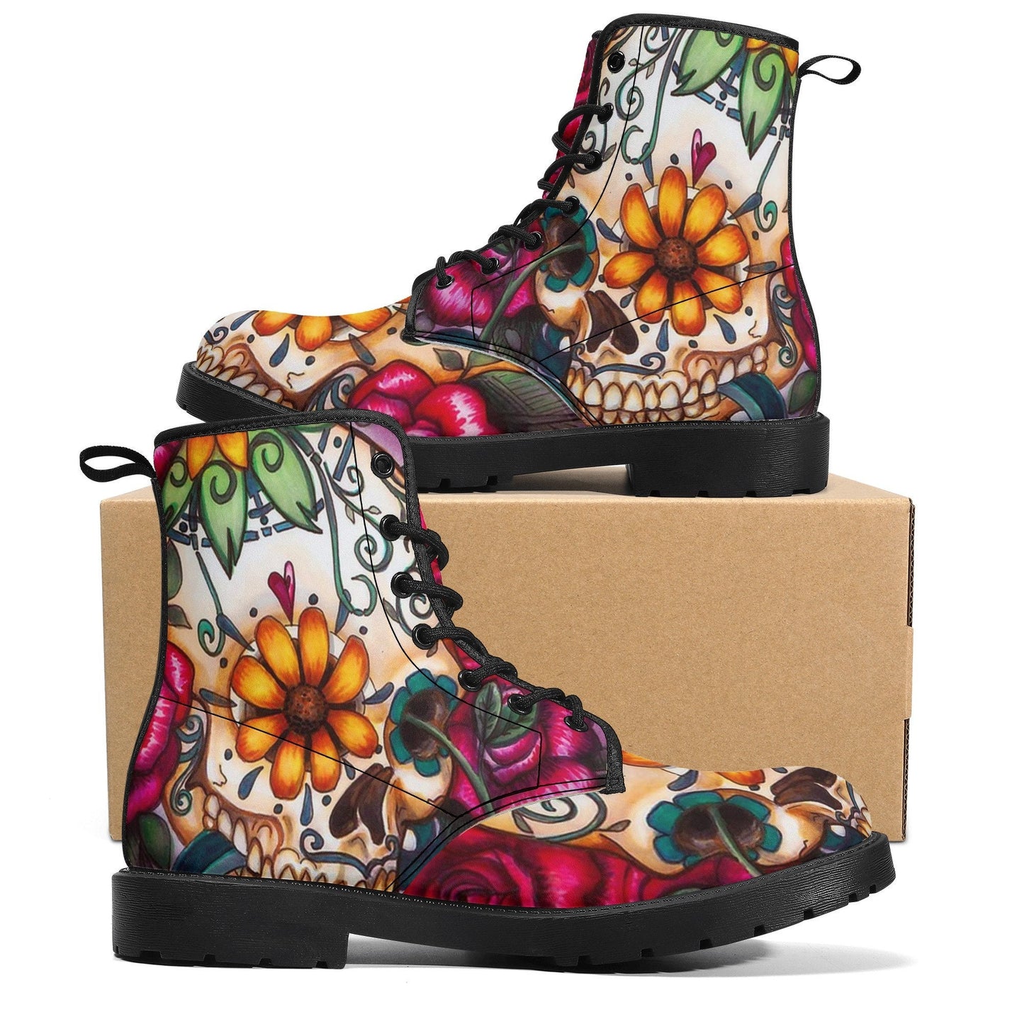 Day of the dead floral leather boots, sugar skull boots for men women, candy skull boots for women men, skull men's boots calaveras boots