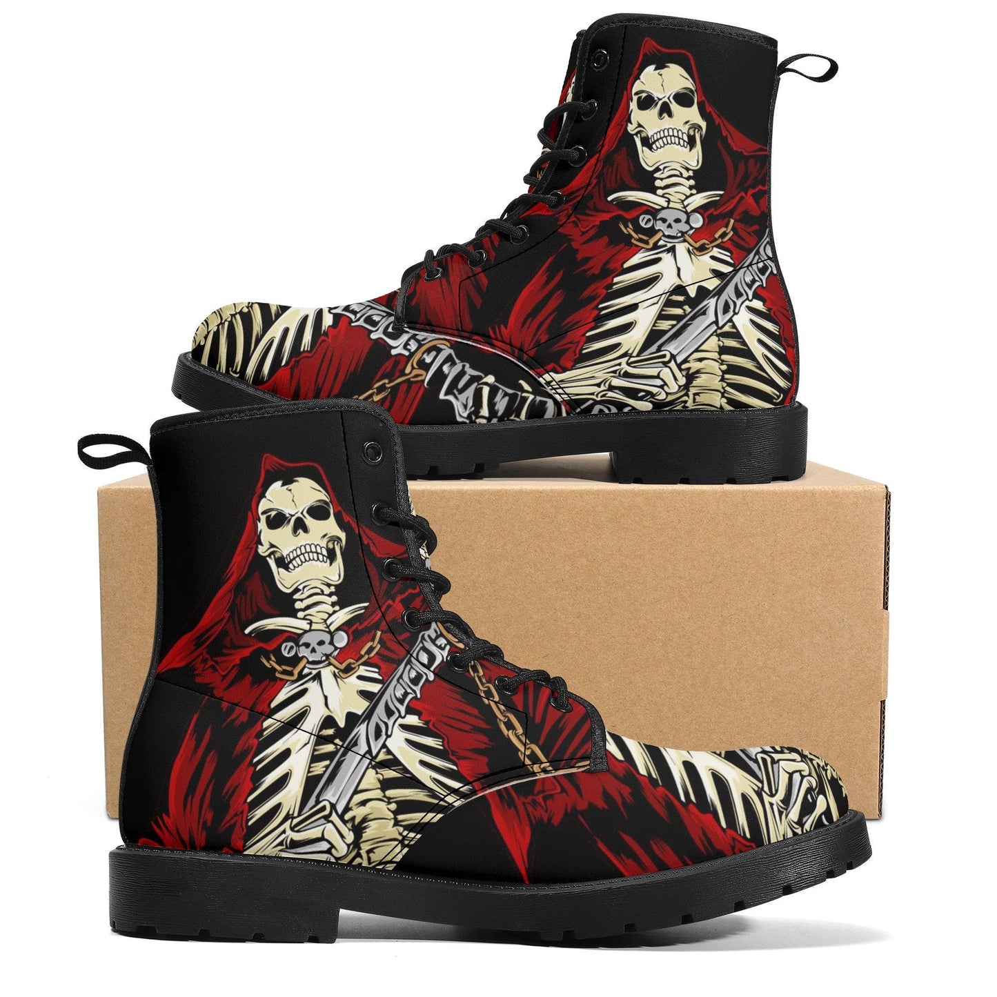 Reaper skull leather boots, Gothic skull boots for men women, Halloween women's boots skeleton boots, Punisher skulls leather boots shoes