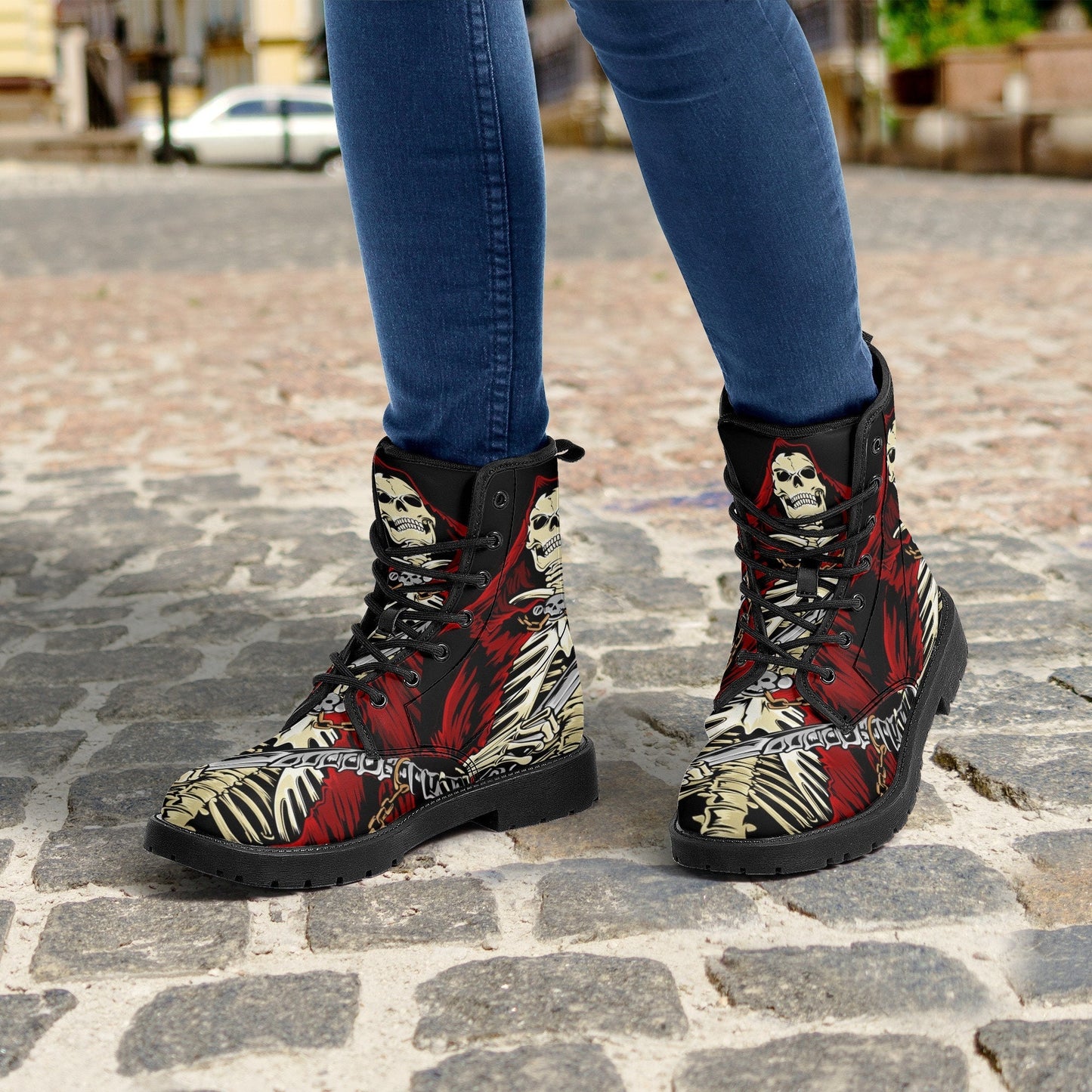 Reaper skull leather boots, Gothic skull boots for men women, Halloween women's boots skeleton boots, Punisher skulls leather boots shoes