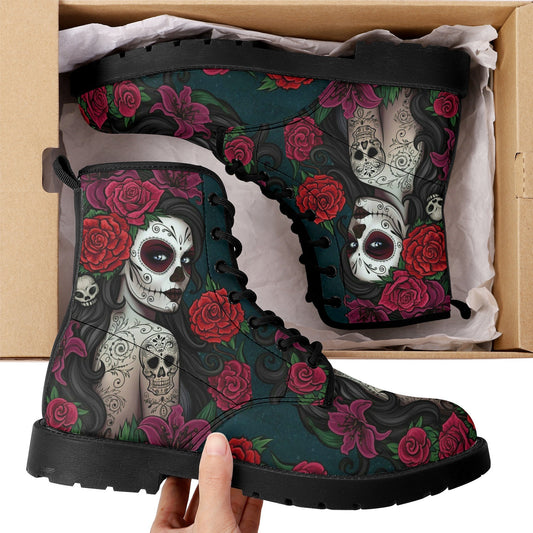 Calaveras mexican skull girl leather boots, sugar skull boots for men women, Dia de los muertos skull boots for women men, skull girl boots