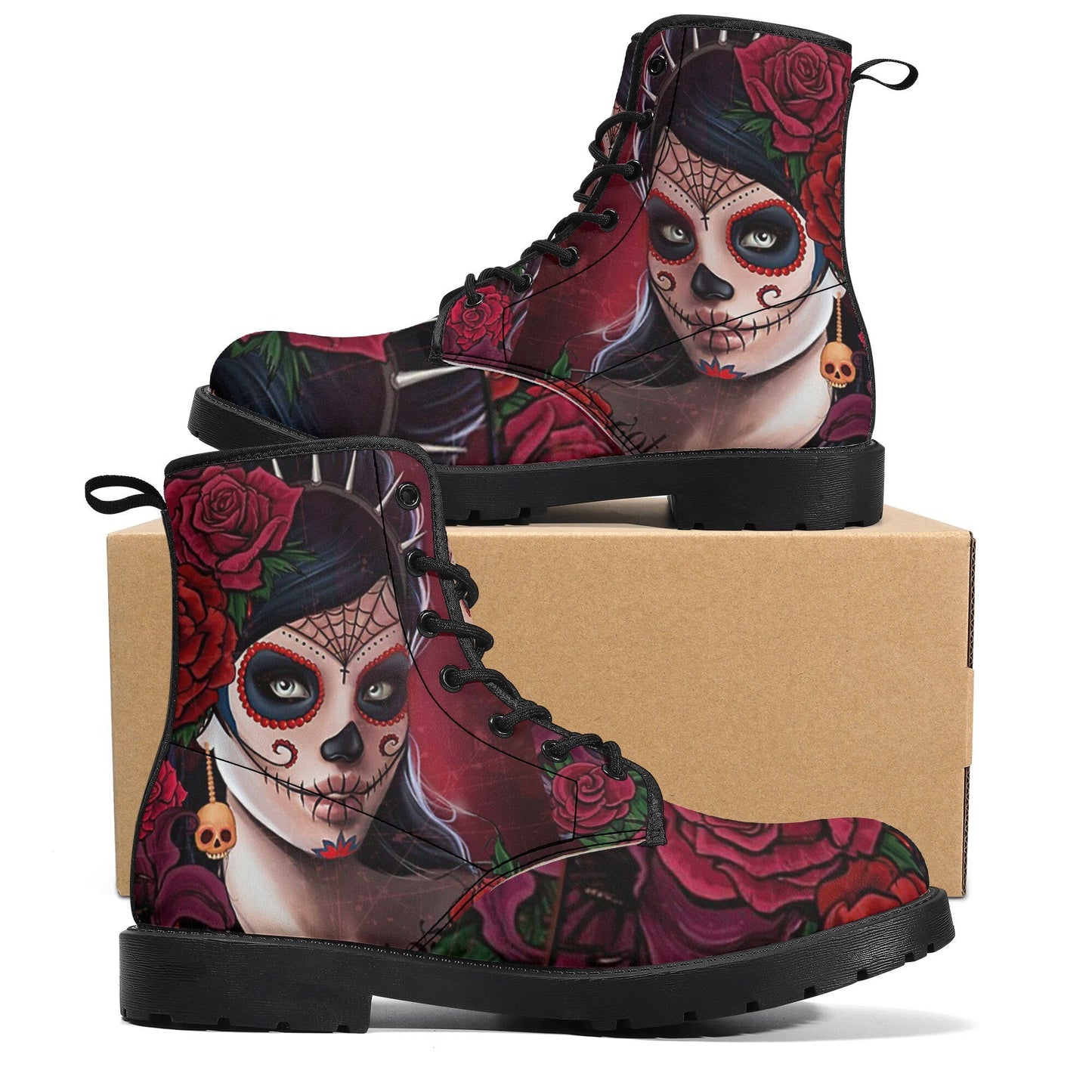 Calaveras mexican skull girl leather boots, sugar skull boots for men women, day of the dead skulls boots for women men, skull girl boots