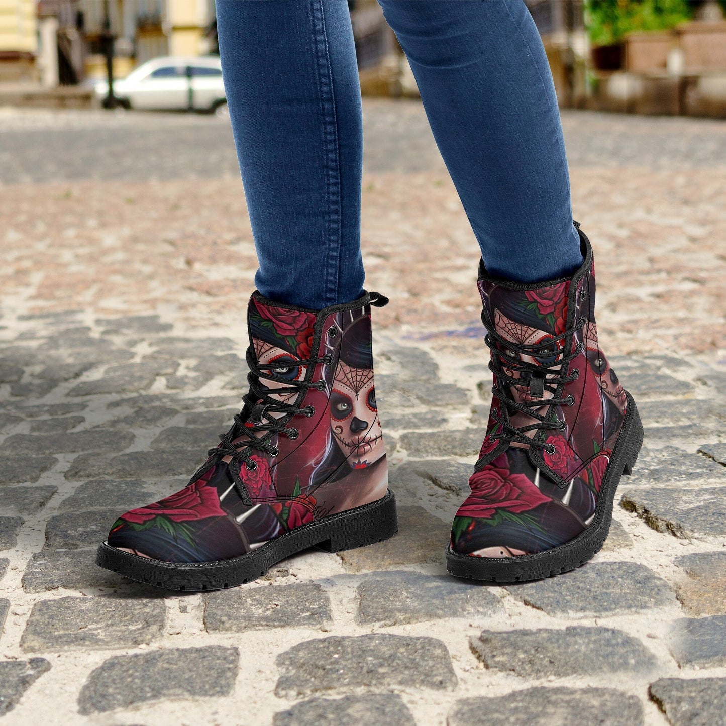 Calaveras mexican skull girl leather boots, sugar skull boots for men women, day of the dead skulls boots for women men, skull girl boots