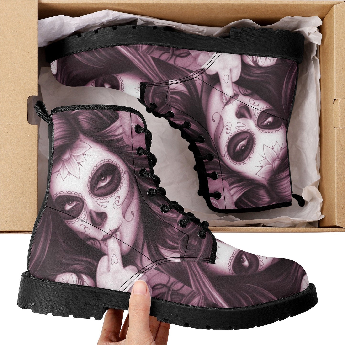 Calaveras mexican skull girl leather boots, sugar skull boots for men women, day of the dead skulls boots for women men, skull girl boots