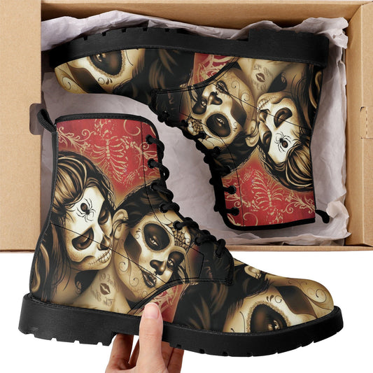 Candy skull girl leather boots, sugar skull boots for men women Cinco de mayo girl boots for women men, skull men's boots gothic women boots
