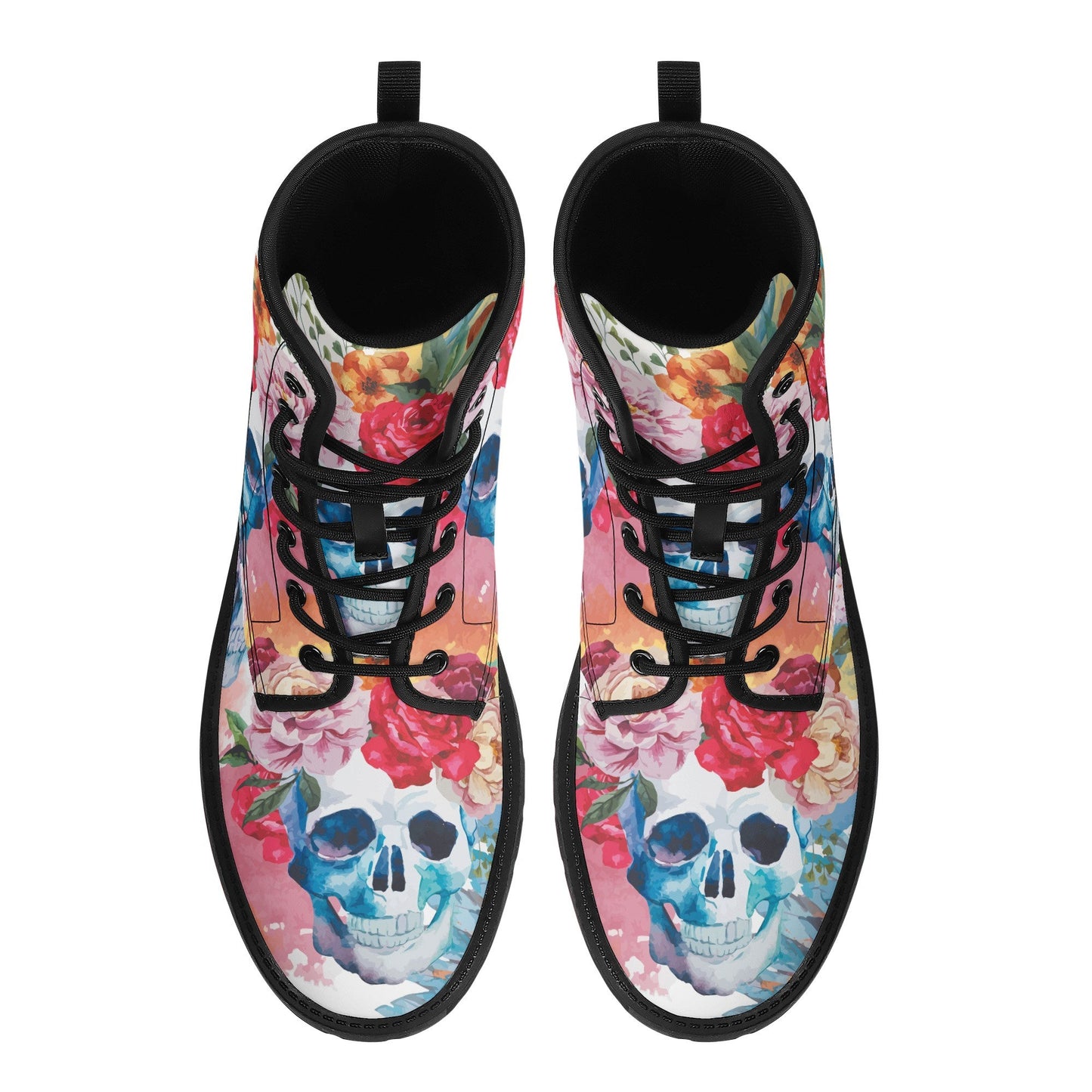 Beautiful floral skull boots for men women, Halloween gothic skull women boots skeleton boots, Rose skulls Halloween leather boots shoes