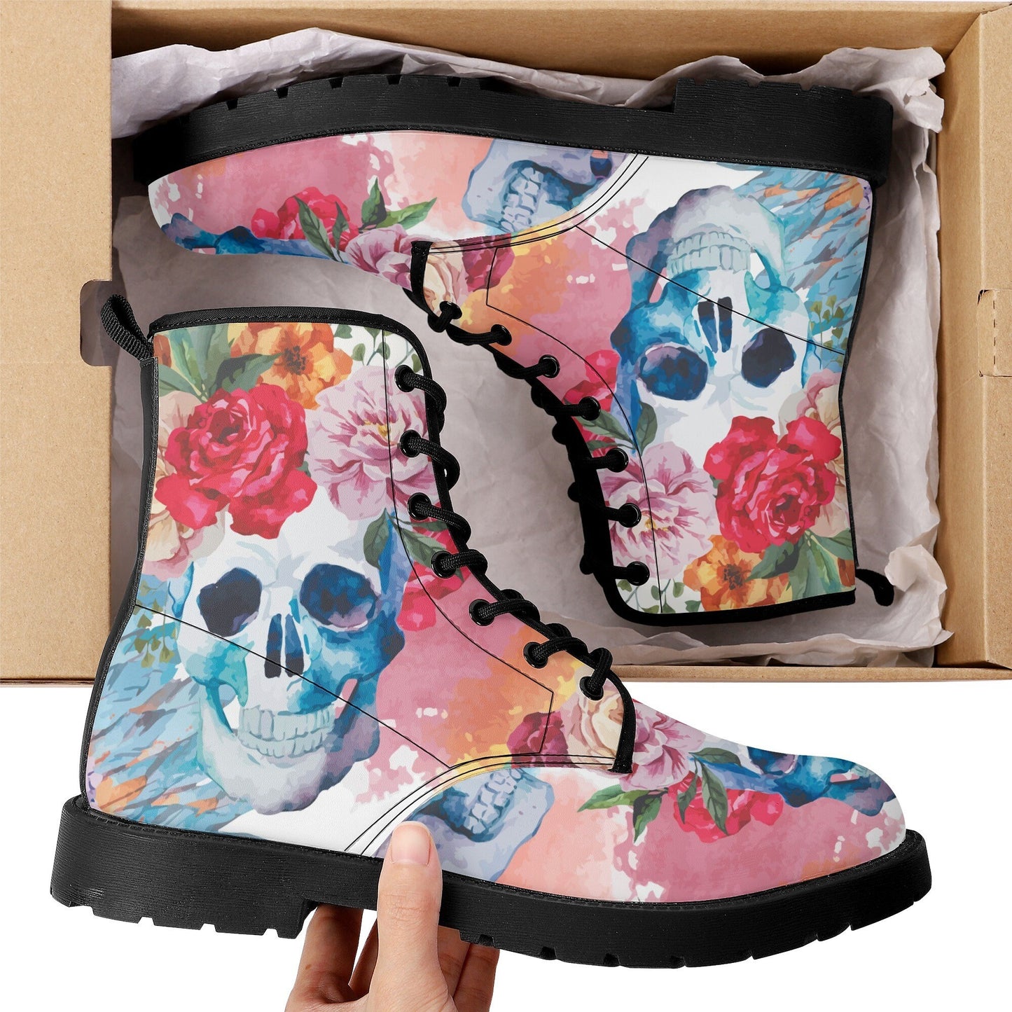 Beautiful floral skull boots for men women, Halloween gothic skull women boots skeleton boots, Rose skulls Halloween leather boots shoes