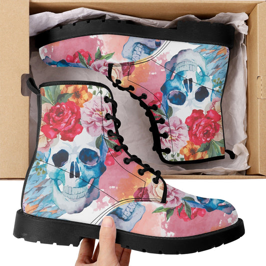 Beautiful floral skull boots for men women, Halloween gothic skull women boots skeleton boots, Rose skulls Halloween leather boots shoes