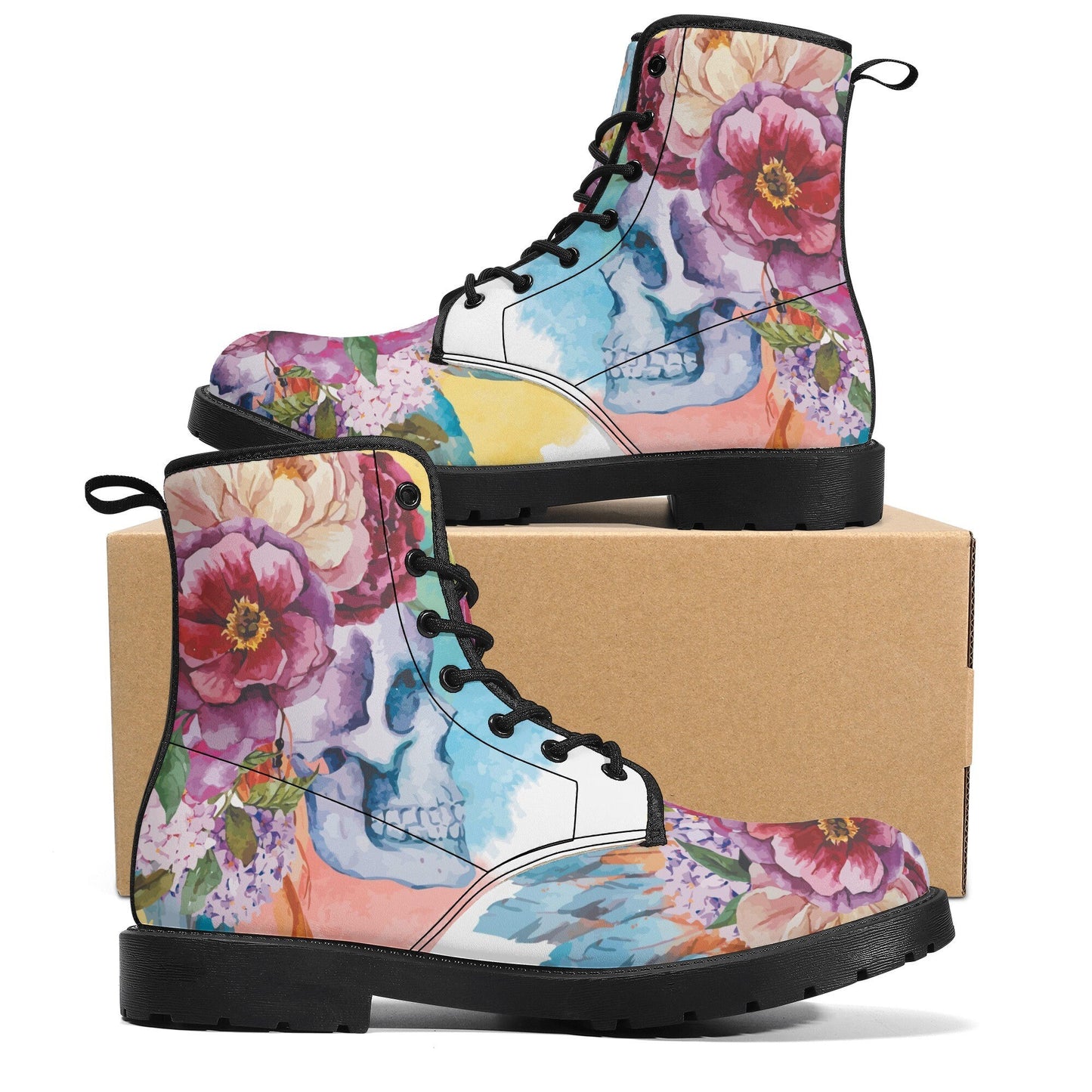 Beautiful floral skull boots for men women, Halloween gothic skull women boots skeleton boots, Rose skulls Halloween leather boots shoes