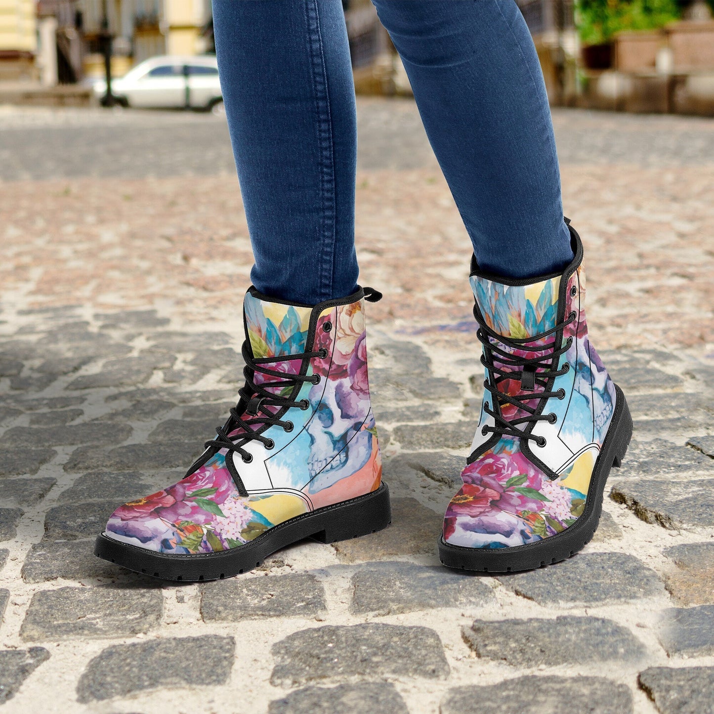 Beautiful floral skull boots for men women, Halloween gothic skull women boots skeleton boots, Rose skulls Halloween leather boots shoes