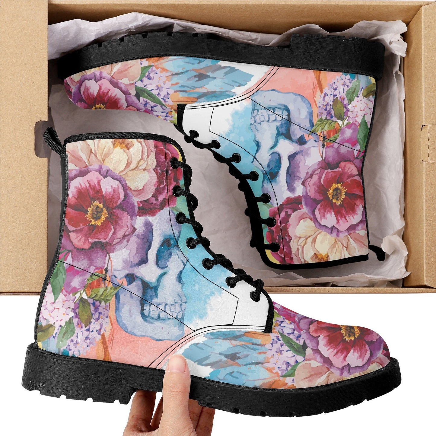 Beautiful floral skull boots for men women, Halloween gothic skull women boots skeleton boots, Rose skulls Halloween leather boots shoes