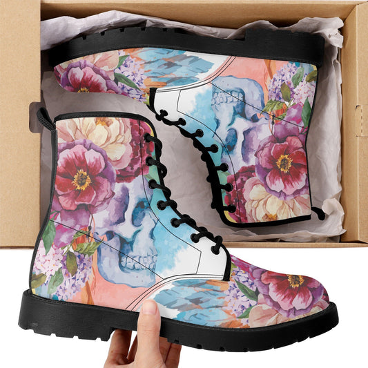 Beautiful floral skull boots for men women, Halloween gothic skull women boots skeleton boots, Rose skulls Halloween leather boots shoes