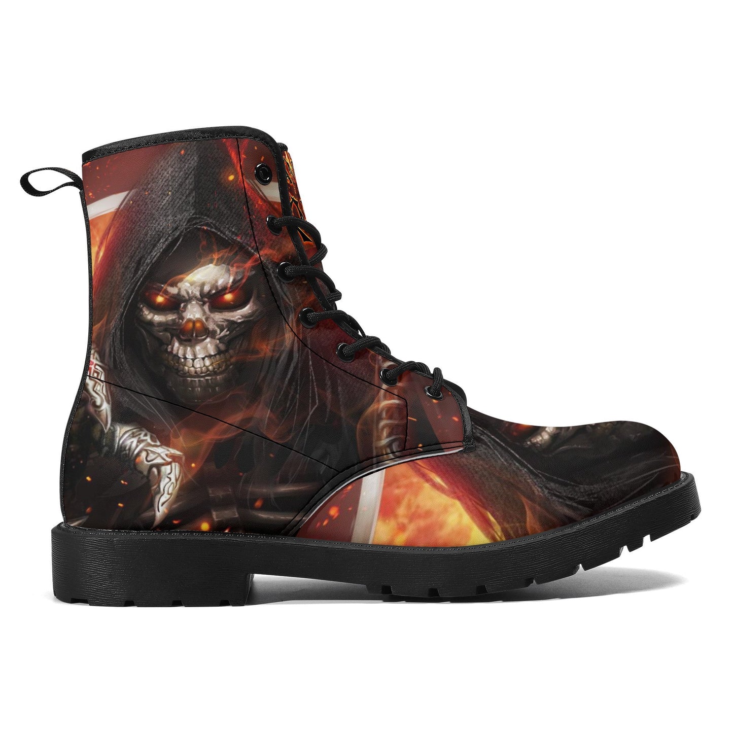Reaper flaming skull boots for men women, Horror punisher skull gothic women boots skeleton boots, Skeleton fire skulls leather boots shoes