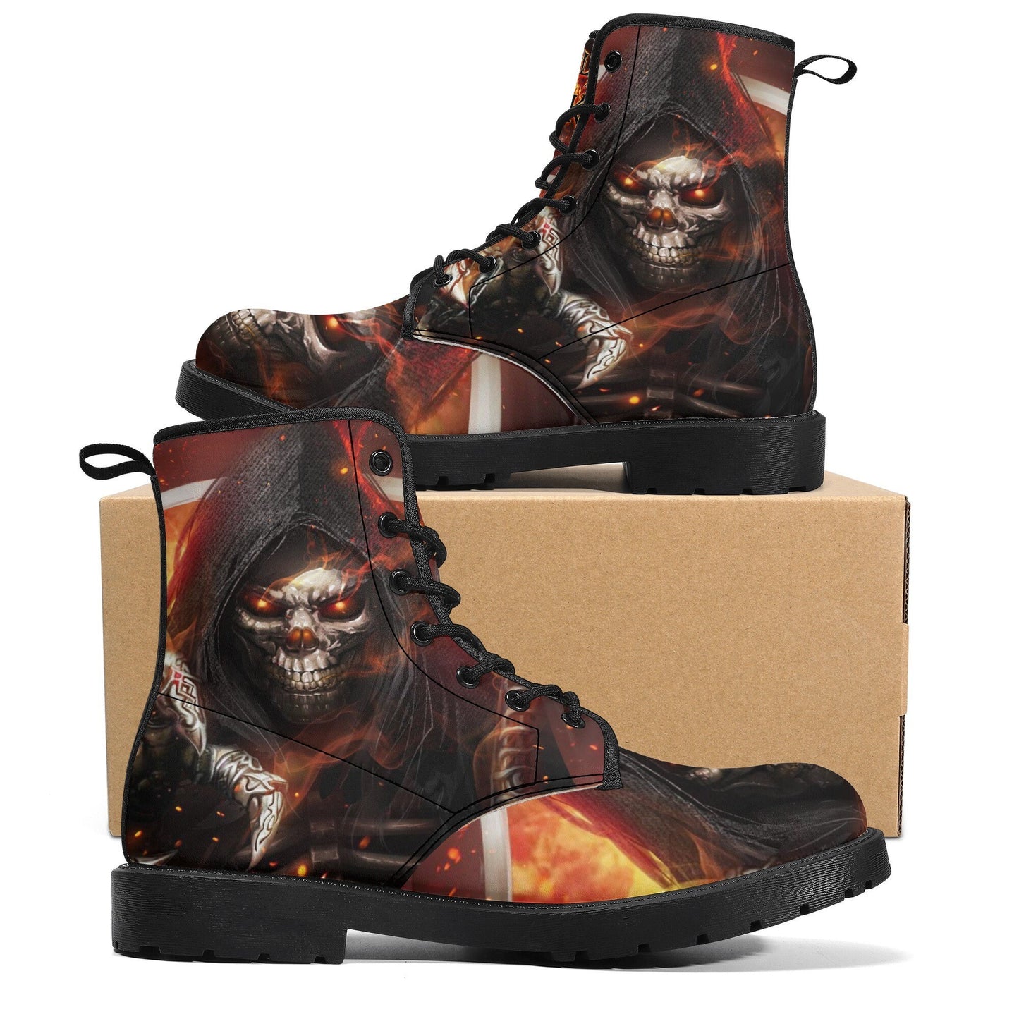 Reaper flaming skull boots for men women, Horror punisher skull gothic women boots skeleton boots, Skeleton fire skulls leather boots shoes