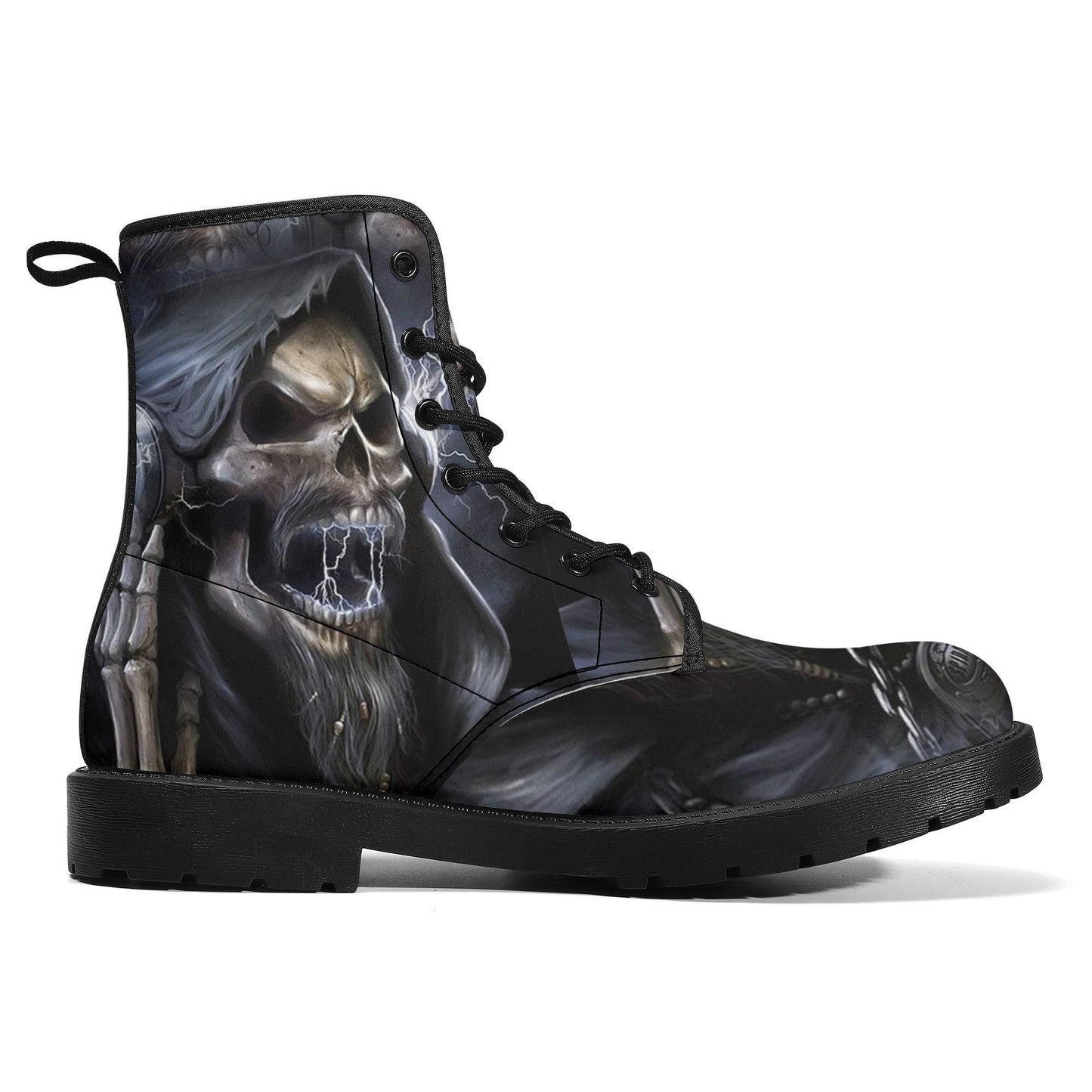 Grim reaper skull boots for men women, Horror punisher skull gothic women boots skeleton boots, Halloween fire skulls leather boots shoes