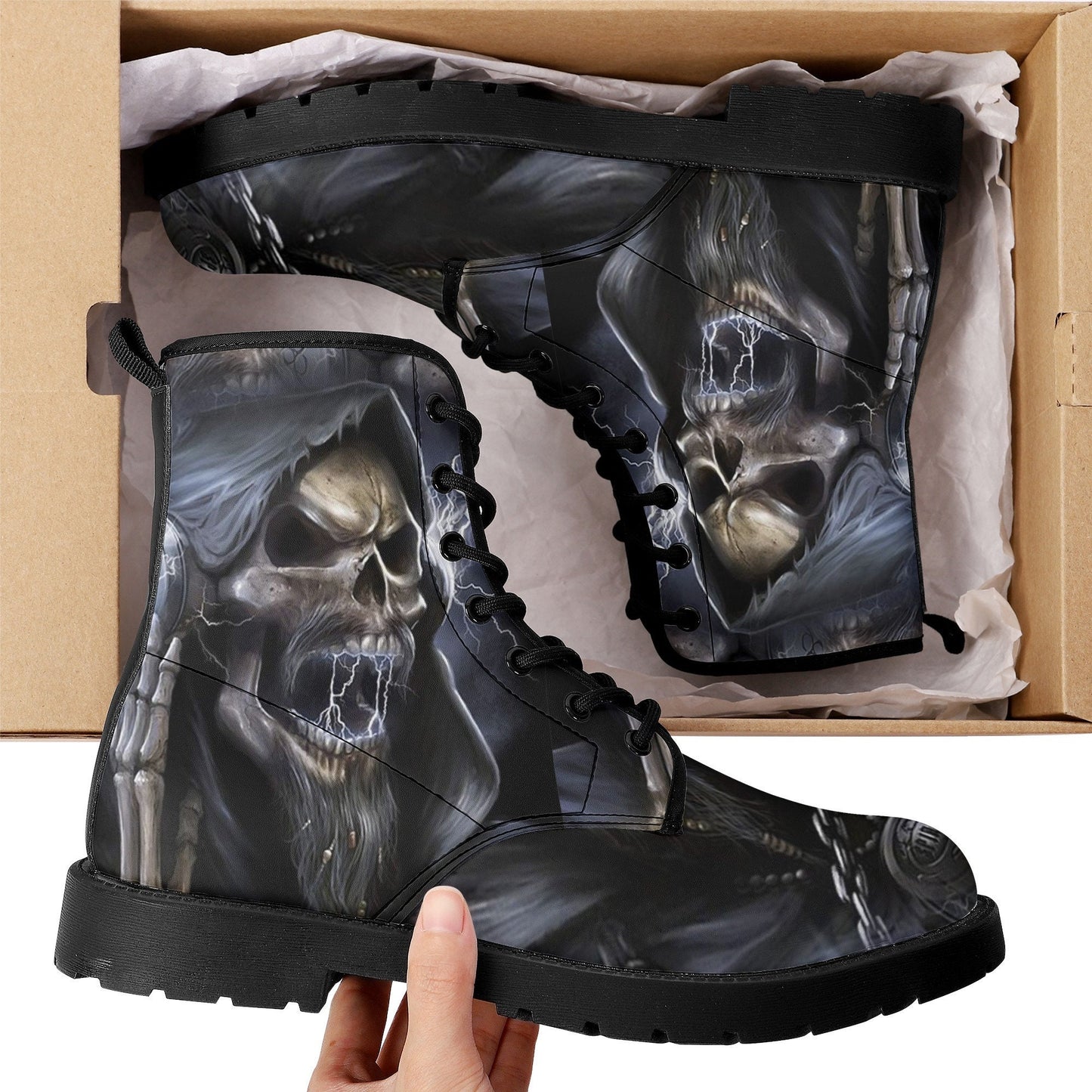 Grim reaper skull boots for men women, Horror punisher skull gothic women boots skeleton boots, Halloween fire skulls leather boots shoes