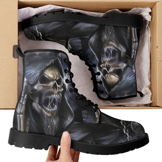 Grim reaper skull boots for men women, Horror punisher skull gothic women boots skeleton boots, Halloween fire skulls leather boots shoes