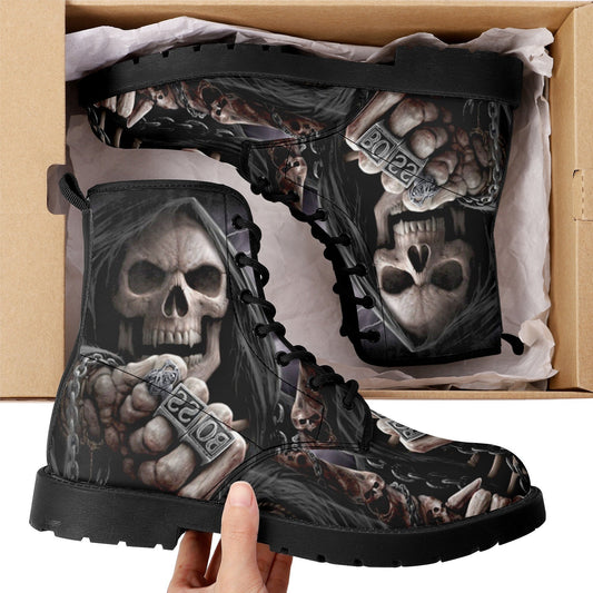 Grim reaper BOSS skull boots for men women, Gothic punisher skull women boots skeleton boots, Halloween punisher skulls leather boots shoes
