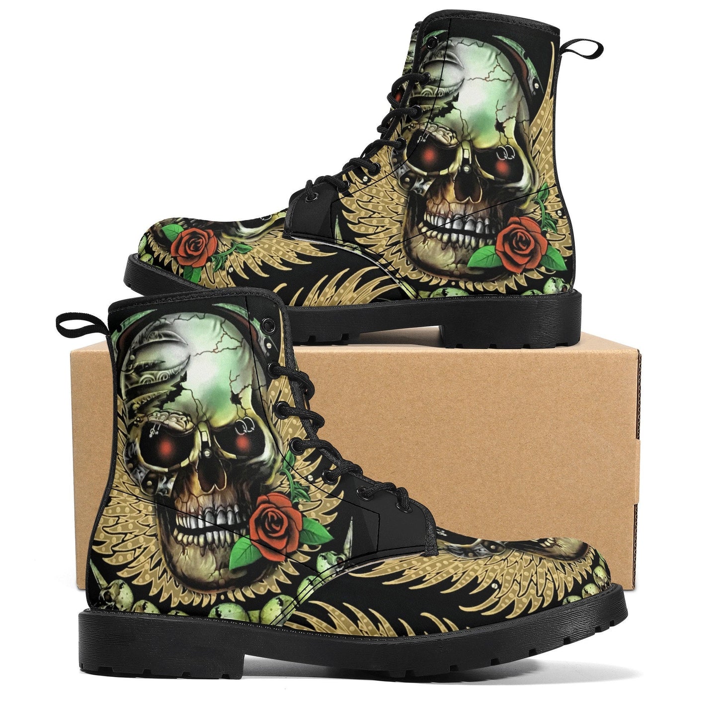 Grim reaper rose skull boots for men women, Gothic punisher skull women boots skeleton boots, Halloween punisher skulls leather boots shoes