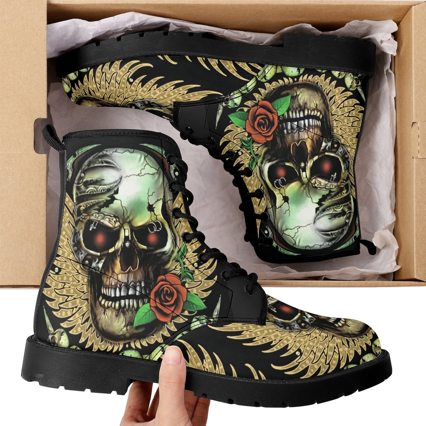 Grim reaper rose skull boots for men women, Gothic punisher skull women boots skeleton boots, Halloween punisher skulls leather boots shoes