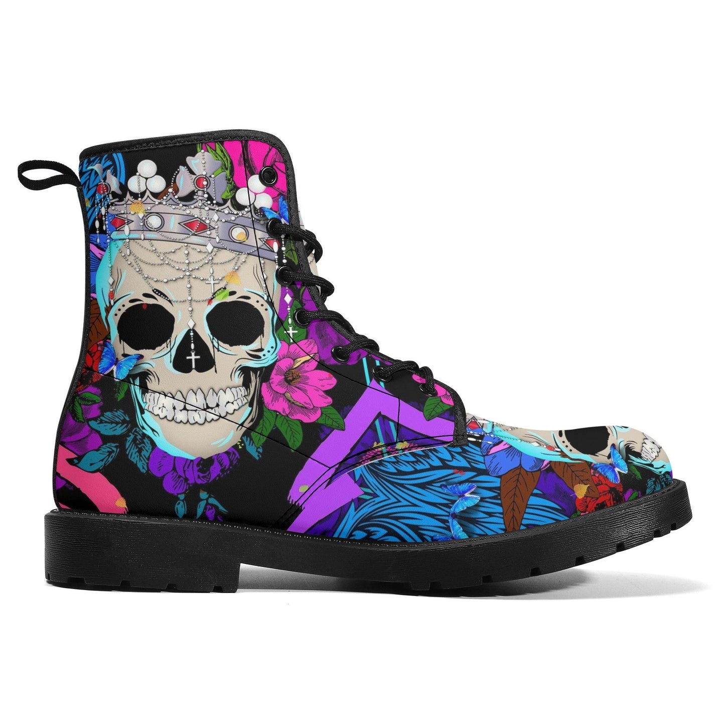 Floral King Queen skull boots for men women, Roes punisher skull women boots skeleton boots, Death Halloween leather boots shoes sneakers