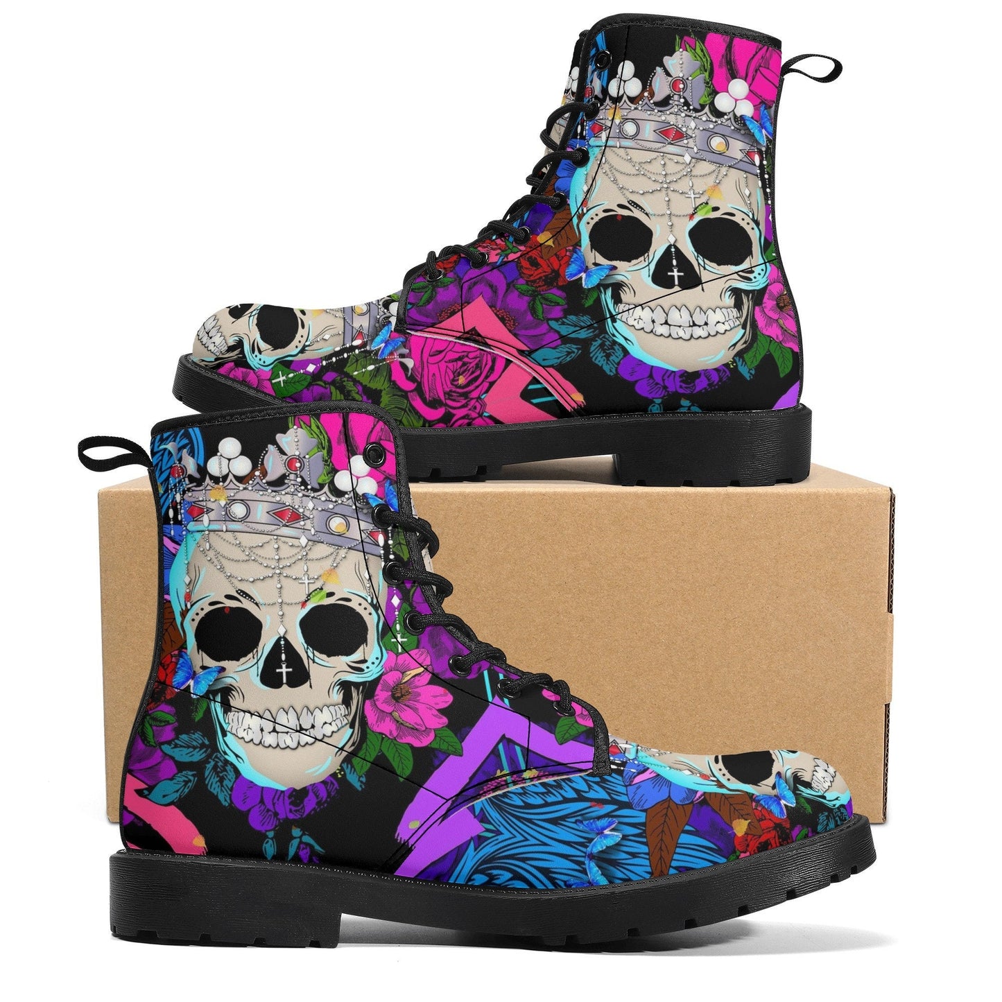 Floral King Queen skull boots for men women, Roes punisher skull women boots skeleton boots, Death Halloween leather boots shoes sneakers