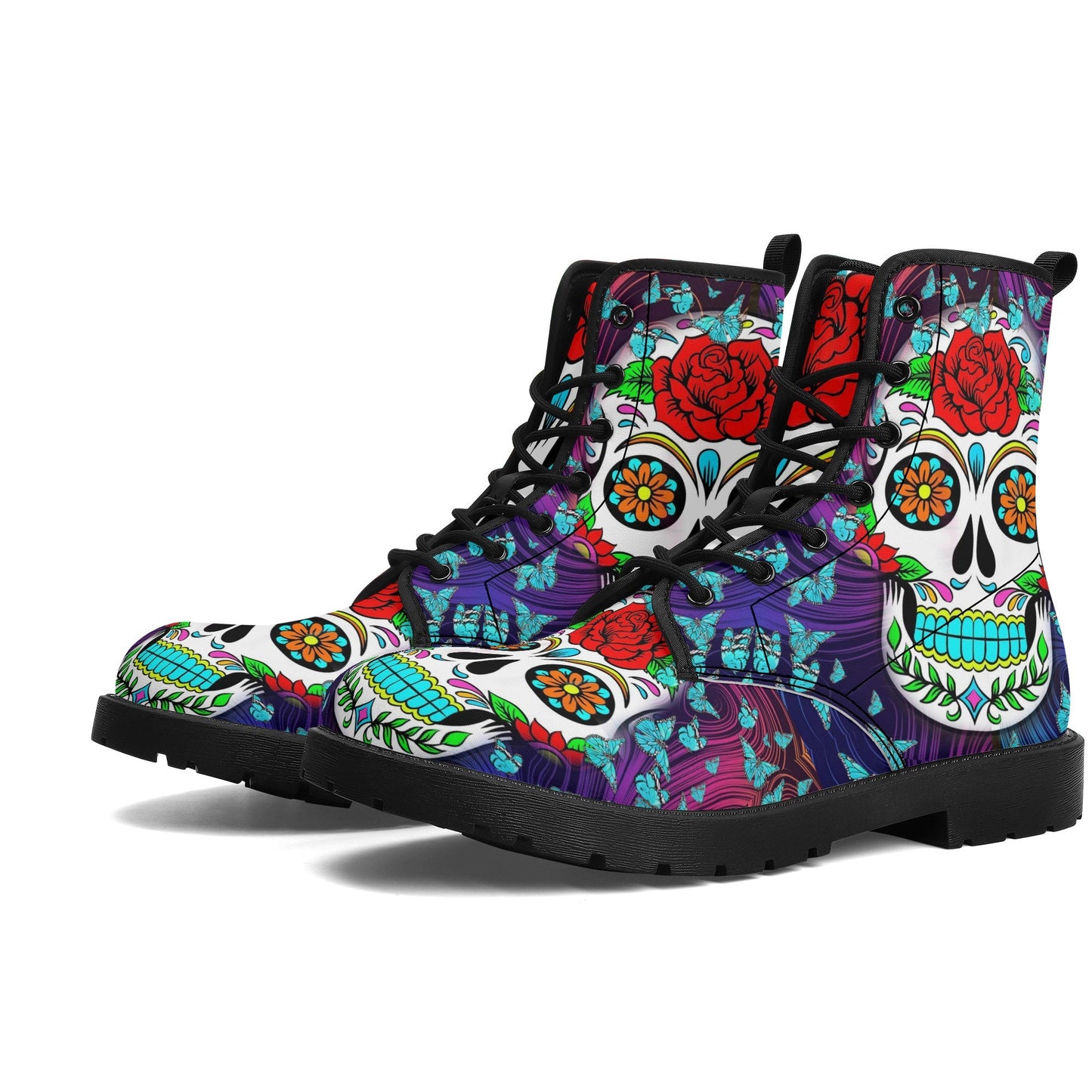 Dia de los muertos skull leather boots, Candy skull boots, Mexico butterfly sugar skull boots for women, skull men boots gothic women boots