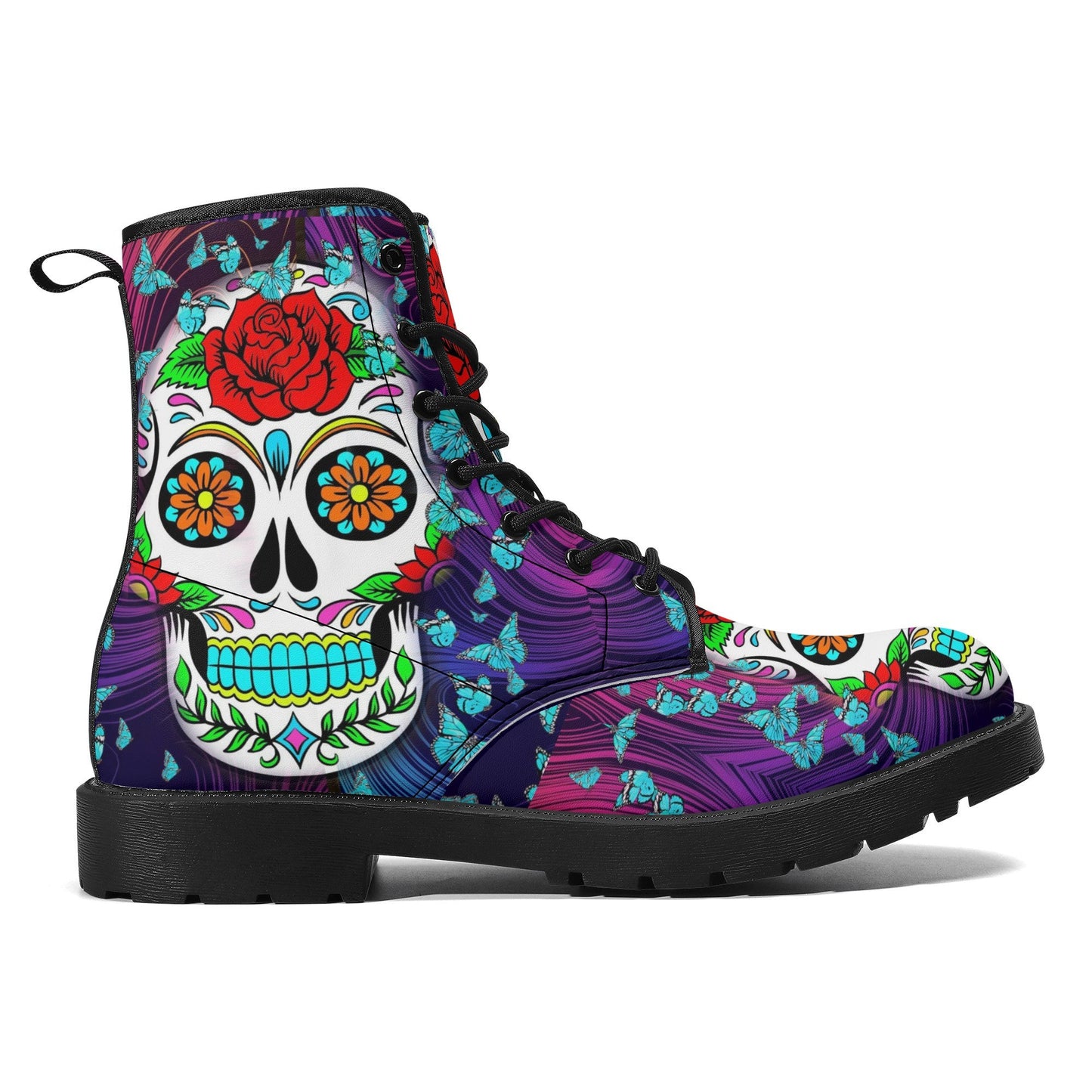 Dia de los muertos skull leather boots, Candy skull boots, Mexico butterfly sugar skull boots for women, skull men boots gothic women boots