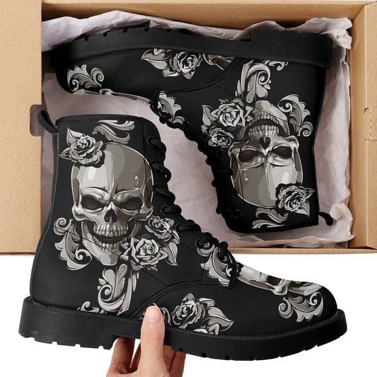 Floral skull leather boots, Halloween skull boots for men, flame skull boots for women, skull floral boots gothic skeleton men women boots
