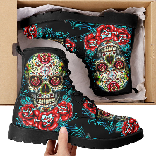 Mexico calaveras skull boots for men women, Dia de los muertos candy skull women boots skeleton boots, sugar skulls men leather boots shoes