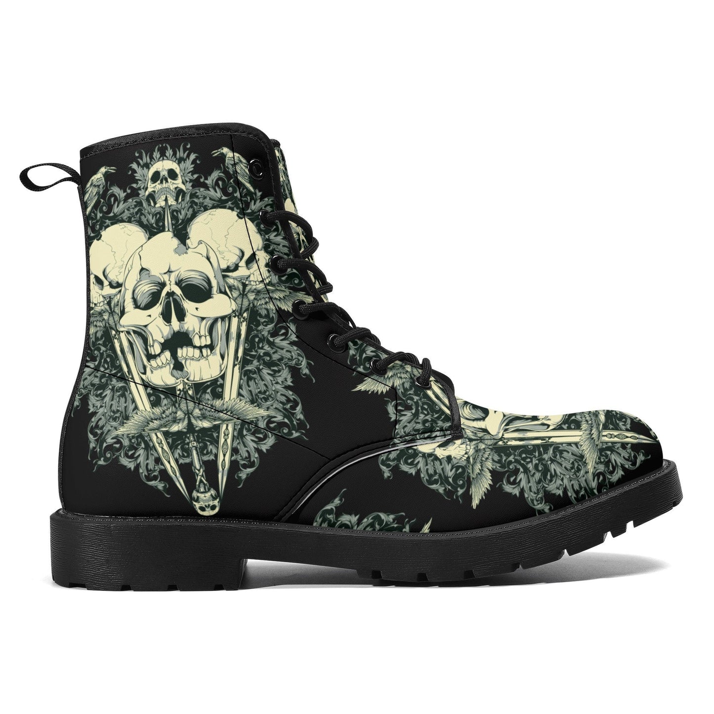 Gothic skull leather boots, Halloween skull boots for men, flame skull boots for women, skull floral boots horror skeleton men women boots