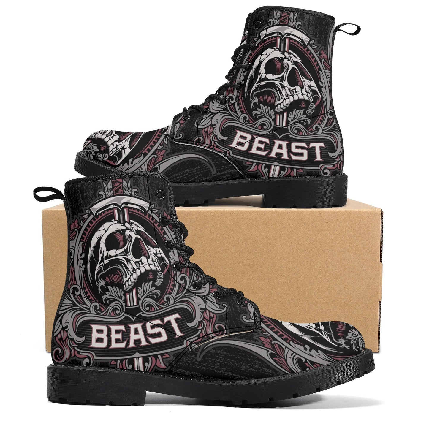 Beast skull leather boots, Skeleton skull boots for men, Grim reaper skull boots for men biker, skull boots horror skeleton men women boots