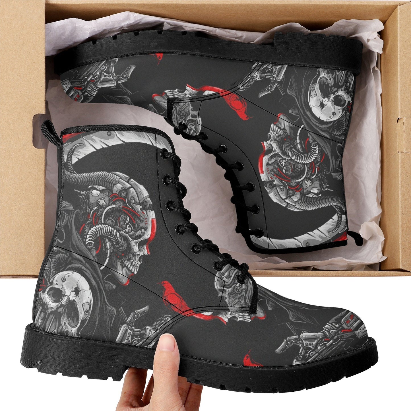 Grim reaper skull boots for men women, Gothic punisher skull women boots skeleton men boots, Halloween punisher skulls leather boots shoes