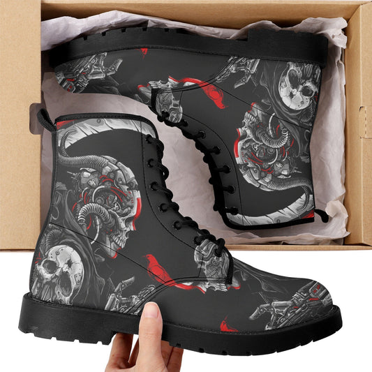 Grim reaper skull boots for men women, Gothic punisher skull women boots skeleton men boots, Halloween punisher skulls leather boots shoes