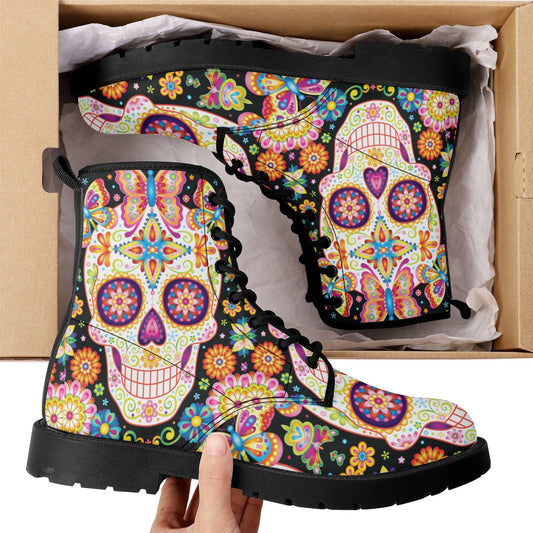 Sugar skull boots for men women, Dia de los muertos candy skull women boots skeleton leather boots, sugar skulls men leather boots shoes