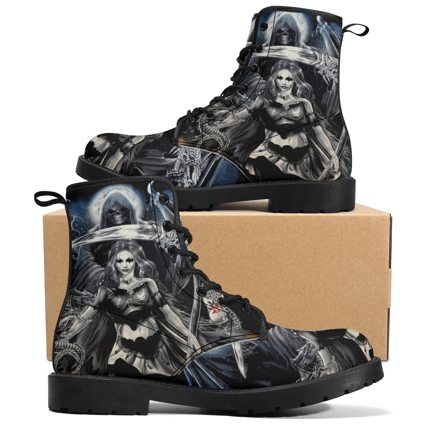 Grim reaper skull girl boots for men women shoes, Gothic skull boots for men women, skeleton men boots, Halloween motorcyle leather boots