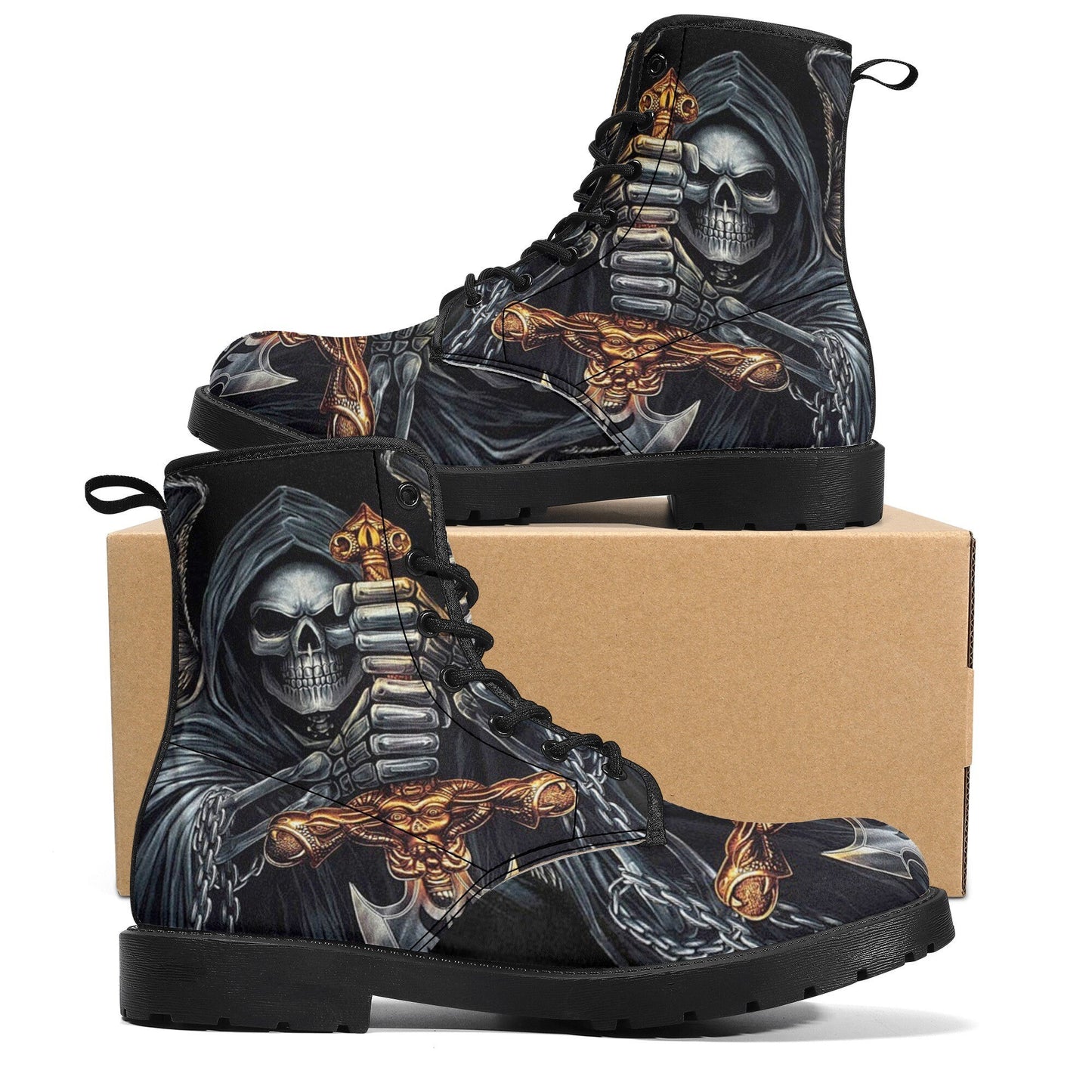 Grim reaper skull sword boots for men women shoes, Gothic skull boots for men women, skeleton men boots, Halloween Christmas leather boots