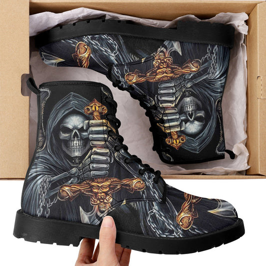 Grim reaper skull sword boots for men women shoes, Gothic skull boots for men women, skeleton men boots, Halloween Christmas leather boots
