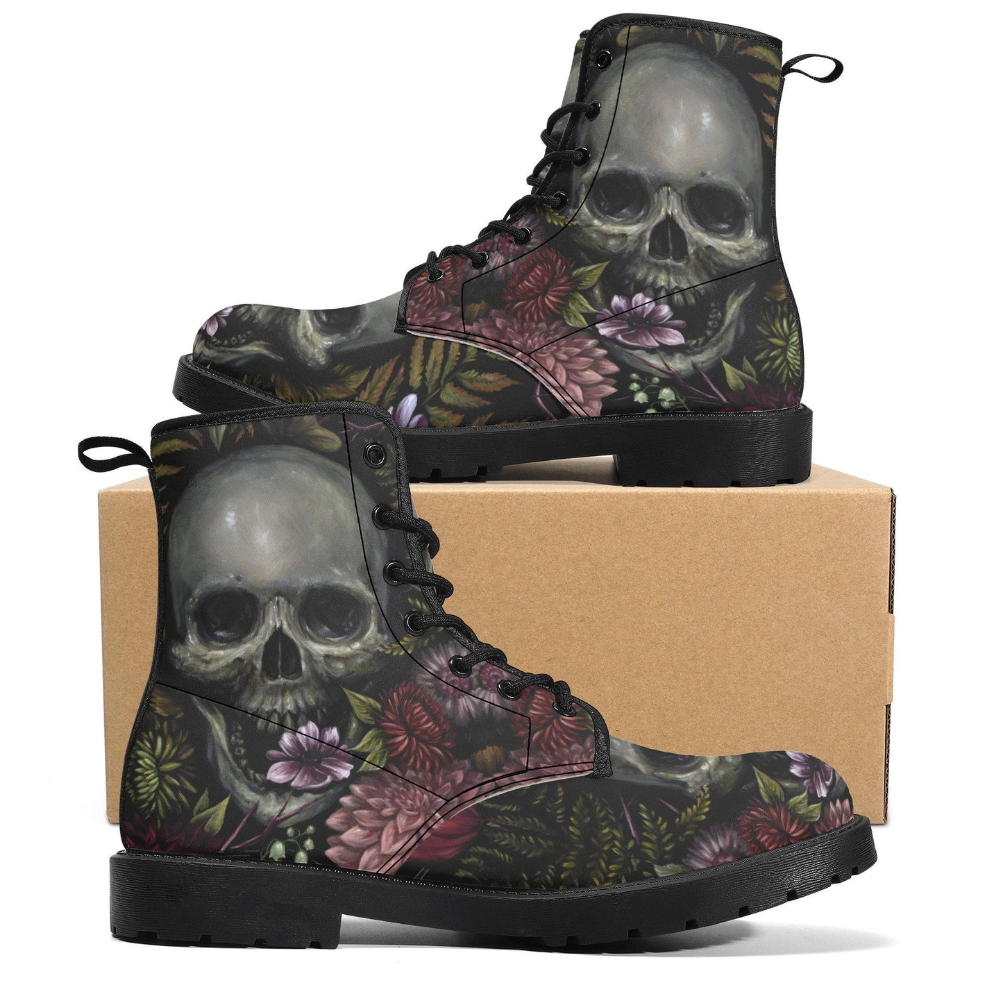 Flower skull boots for men women, Floral punisher skull gothic women boots skeleton boots, Halloween reaper leather boots shoes streetwear