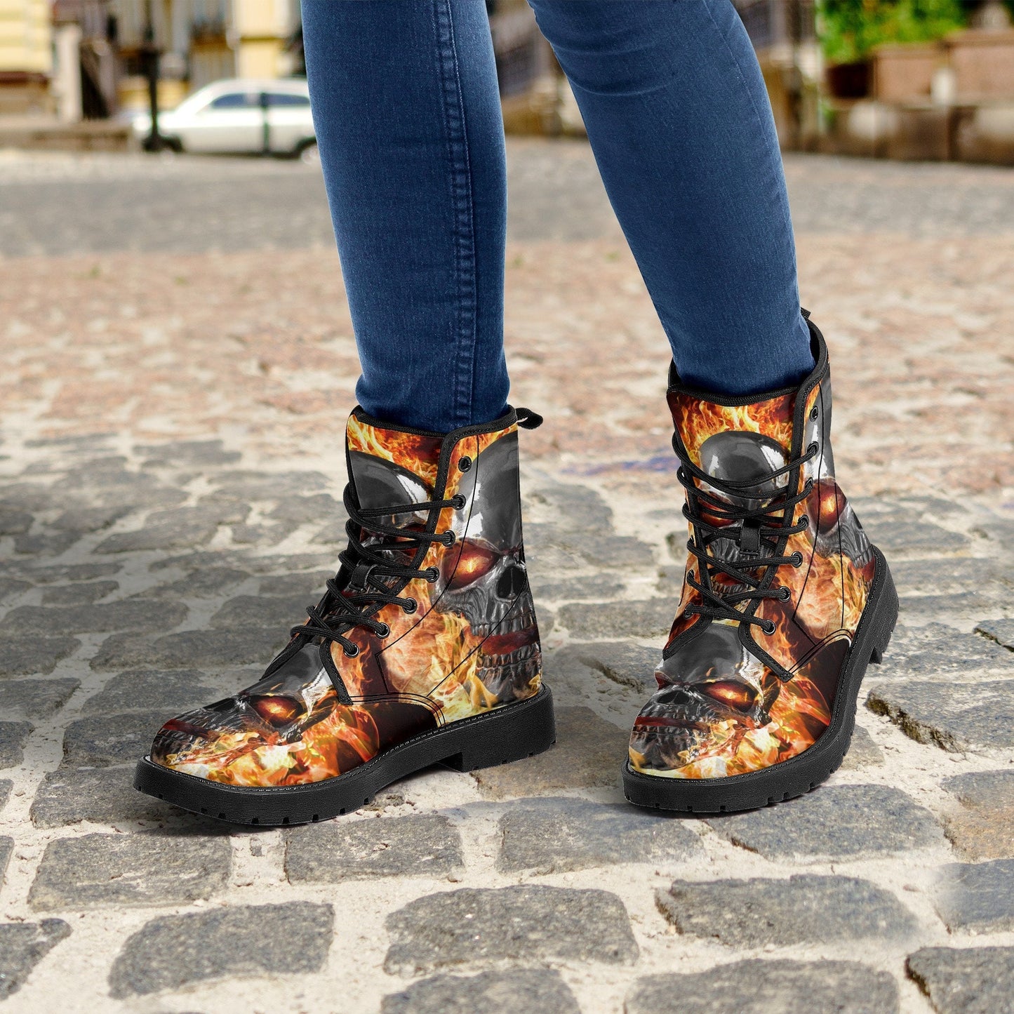 Flame skull grim reaper boots for men women, Flaming skull gothic women boots skeleton boots, Halloween Christmas leather skull boots shoes