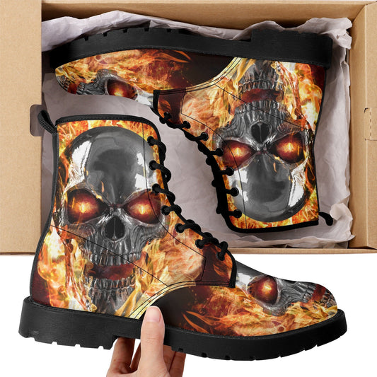 Flame skull grim reaper boots for men women, Flaming skull gothic women boots skeleton boots, Halloween Christmas leather skull boots shoes