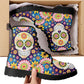 Sugar skull day of the dead leather boots, Candy Mexico skull boots for men women, Dia de los muertos skull boots shoes, Floral skull boots