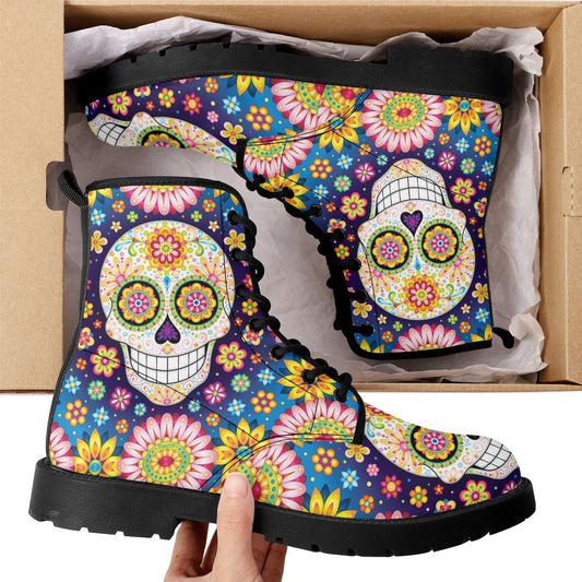 Sugar skull day of the dead leather boots, Candy Mexico skull boots for men women, Dia de los muertos skull boots shoes, Floral skull boots