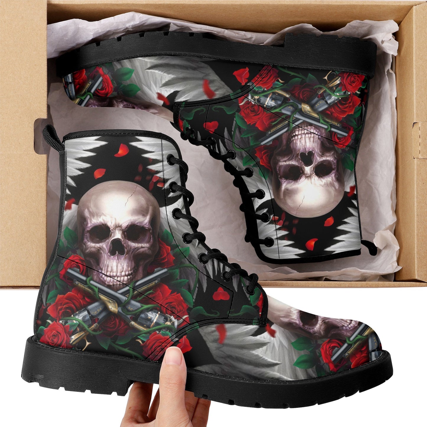 Rose skull grim reaper boots for men women, Floral skull omen boots skeleton boots Horror rose floral grim reaper leather skull boots shoes