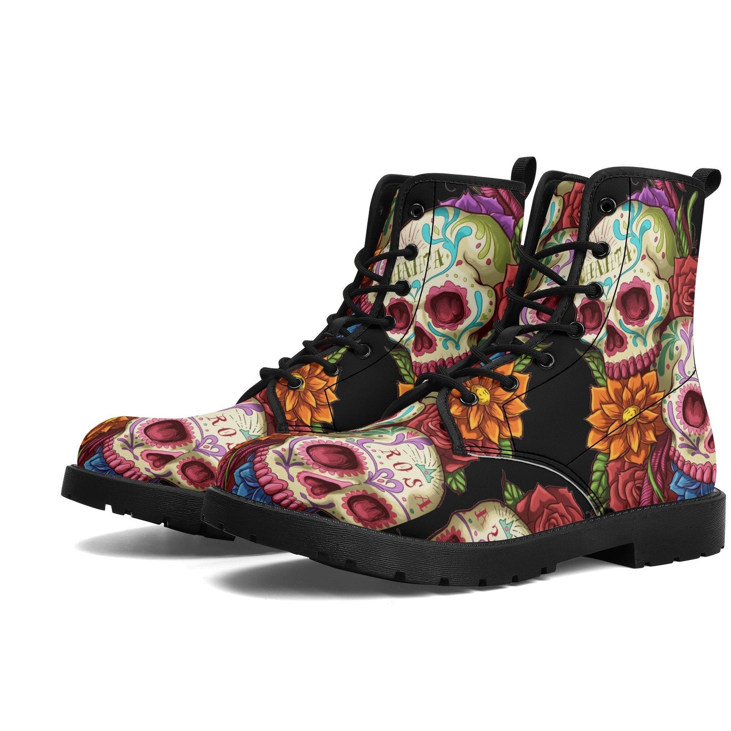 Candy skull day of the dead leather boots, Day of the dead skull boots men women, Dia de los muertos skull boots shoes, Floral skull boots