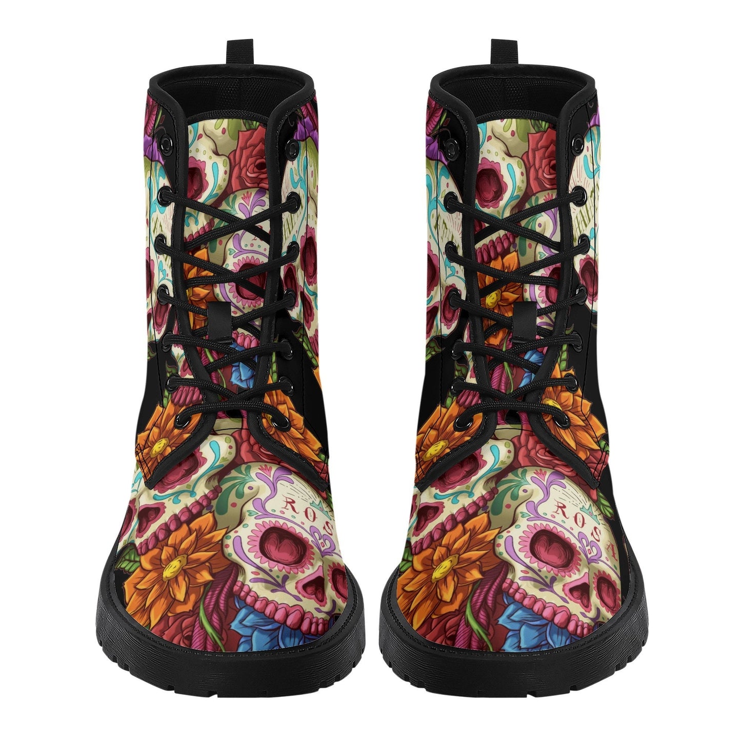 Candy skull day of the dead leather boots, Day of the dead skull boots men women, Dia de los muertos skull boots shoes, Floral skull boots