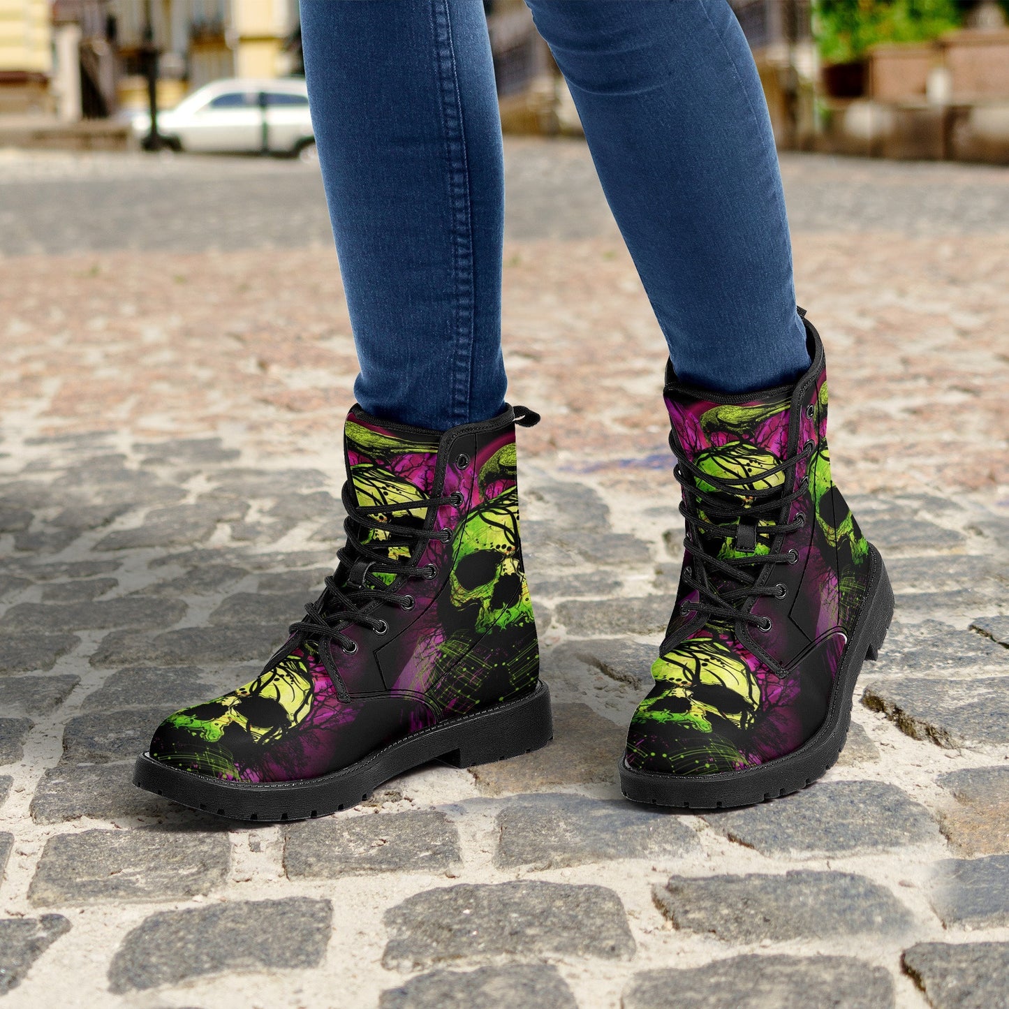 Green skull grim reaper boots for men women, Halloween skull gothic women boots skeleton boots, Death blue skull leather skull boots shoes