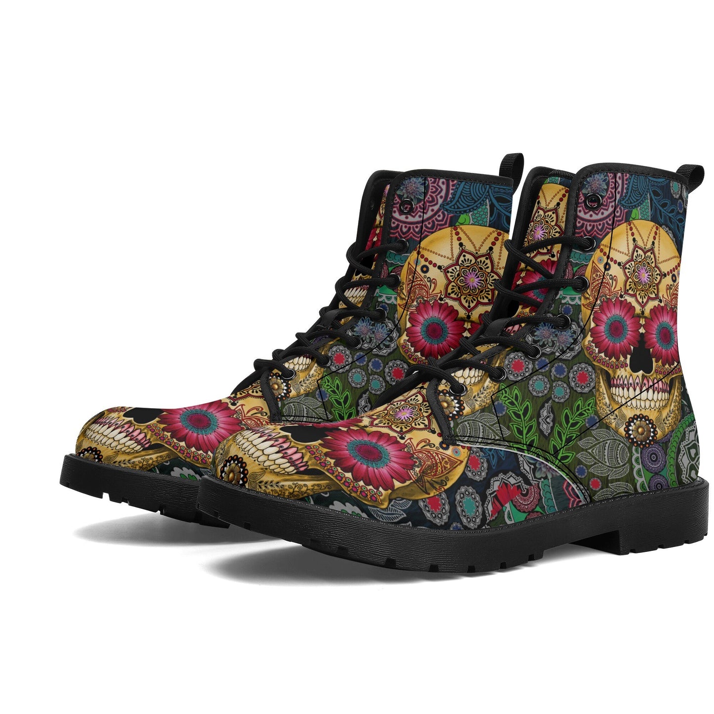 Candy skull day of the dead leather boots, Sugar Mexico skull boots for men women, Dia de los muertos skull boots shoes, Floral skull boots
